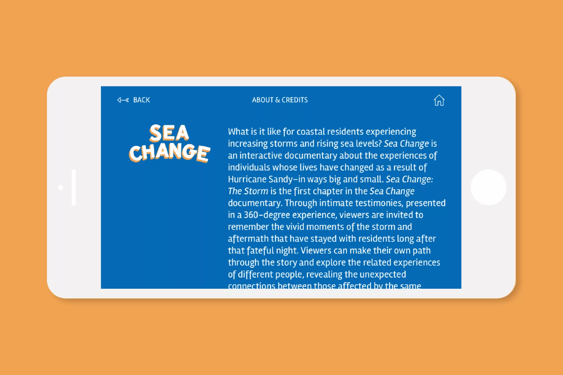 iPhone displaying About page for Sea Change experience.