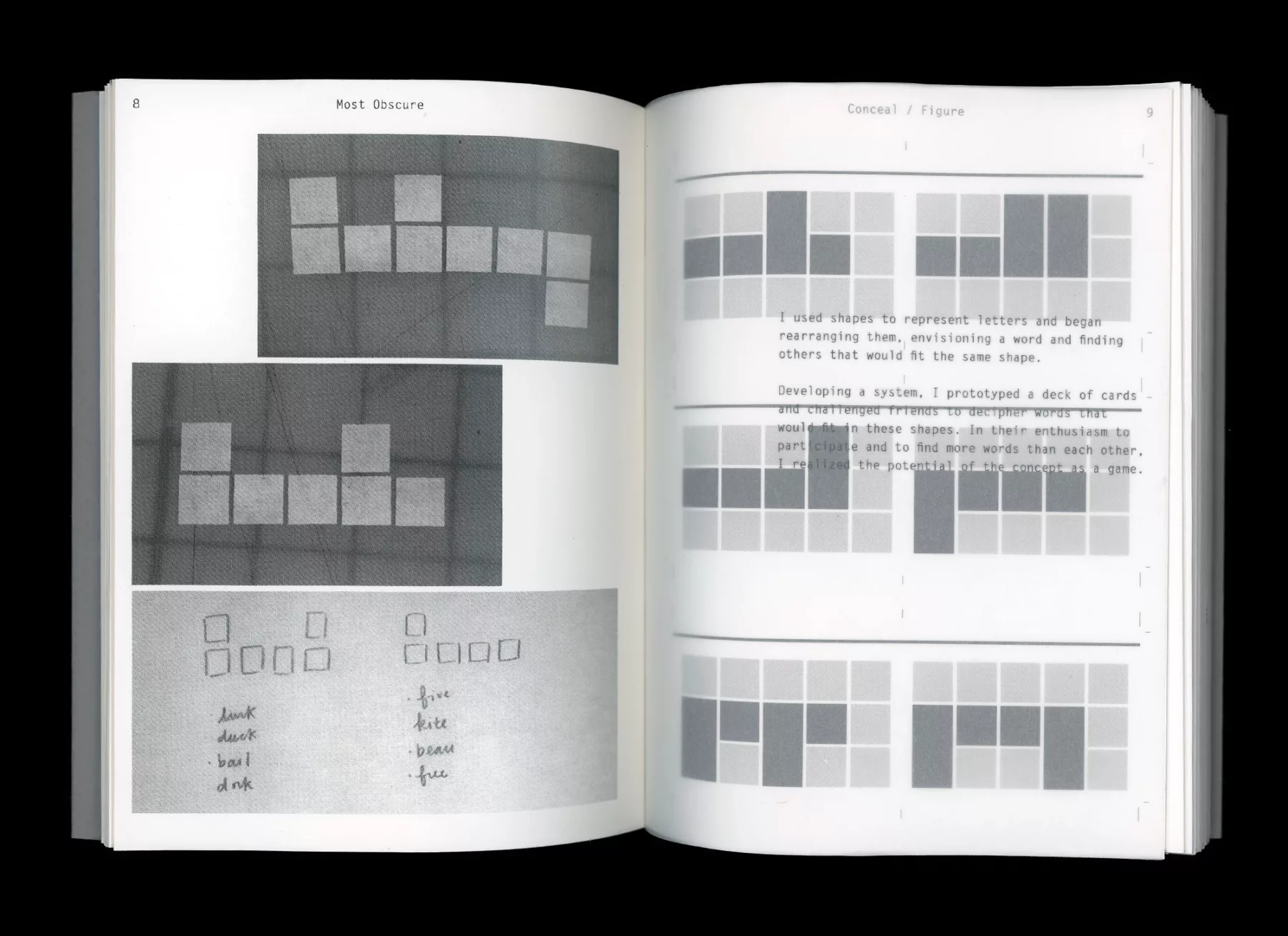 Spread of 'Most Obscure' book showing a system by which letters are blocked out according to letter height.