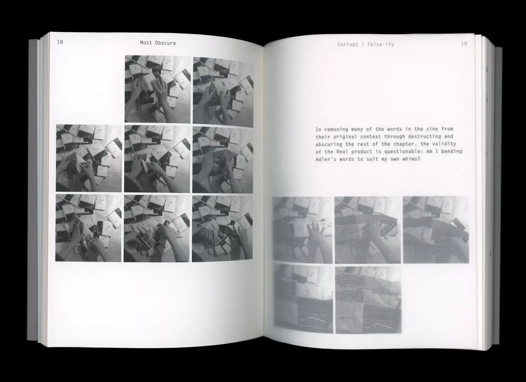 Spread of 'Most Obscure' book showing frames of the zine folding and unfolding.