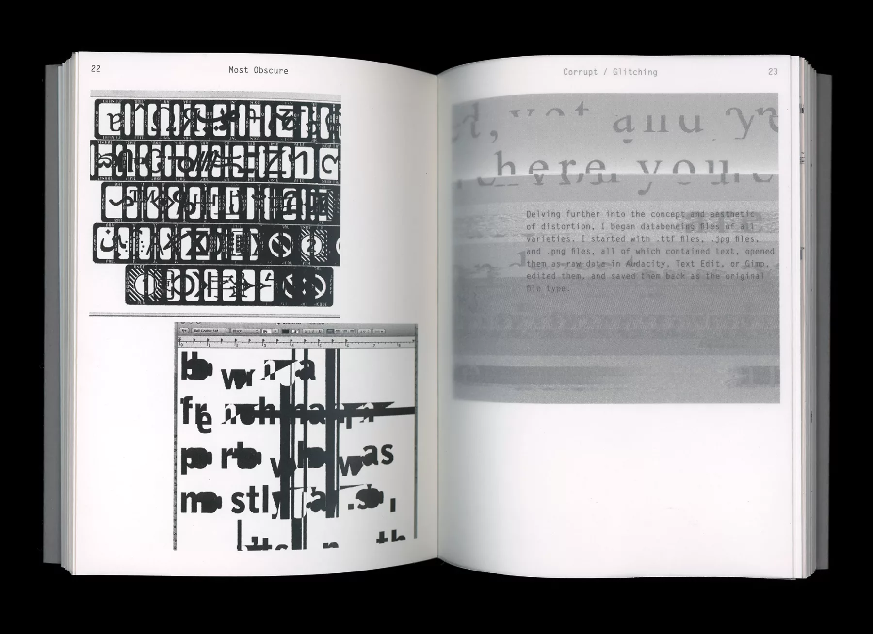 Spread of 'Most Obscure' book showing glitched typefaces.