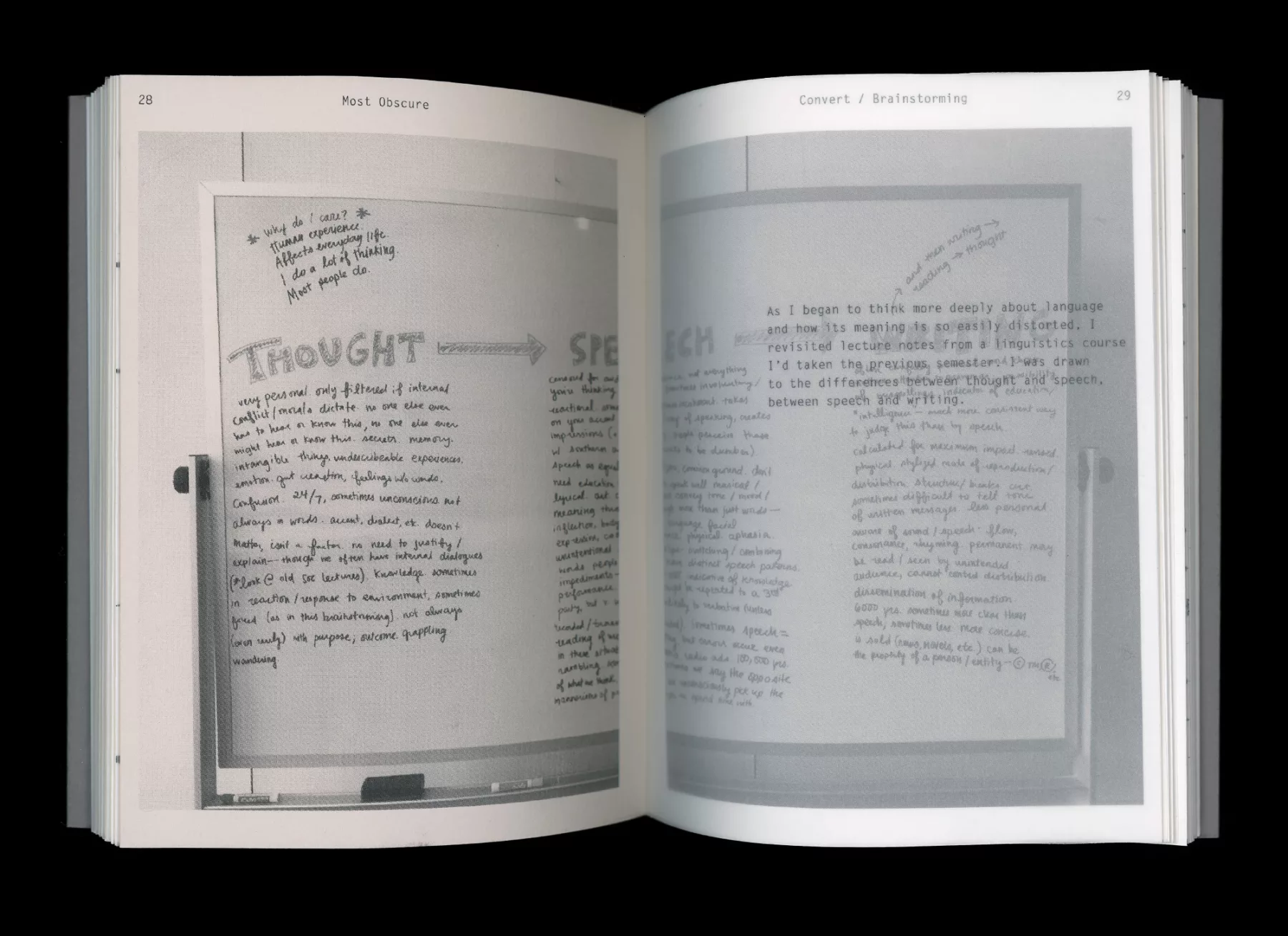 Spread of 'Most Obscure' book showing whiteboard with brainstorming about differences between thought, speech, and writing.