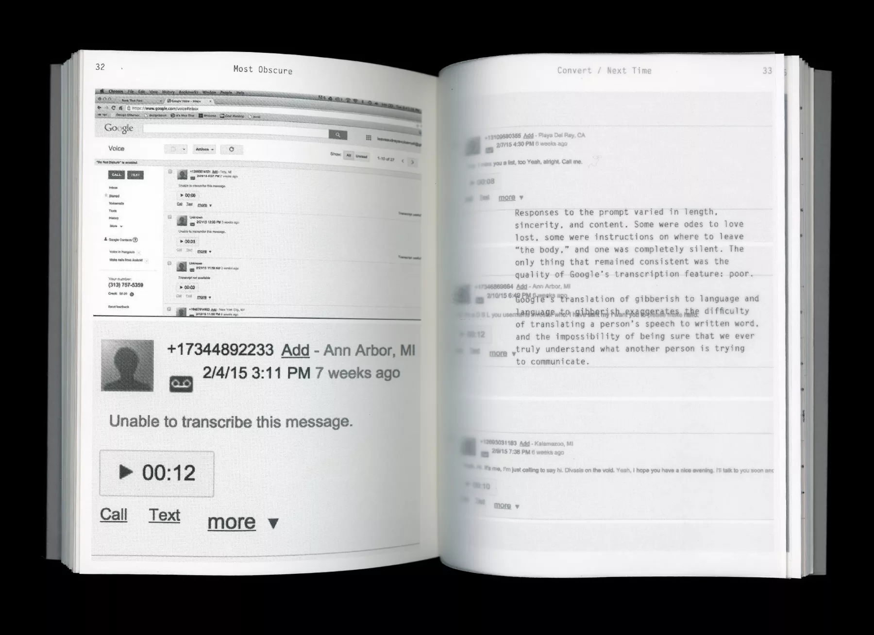 Spread of 'Most Obscure' book showing screenshots of Google Voice transcriptions of voicemails.