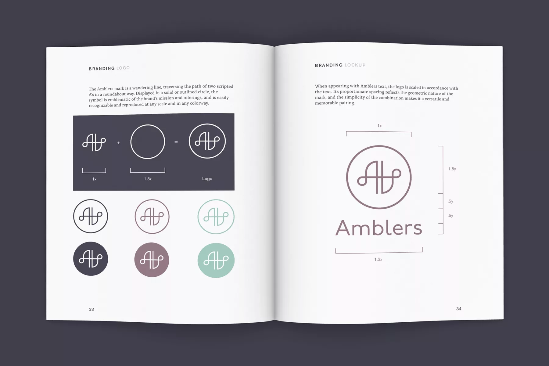 Book spread with Amblers branding guidelines (logo).