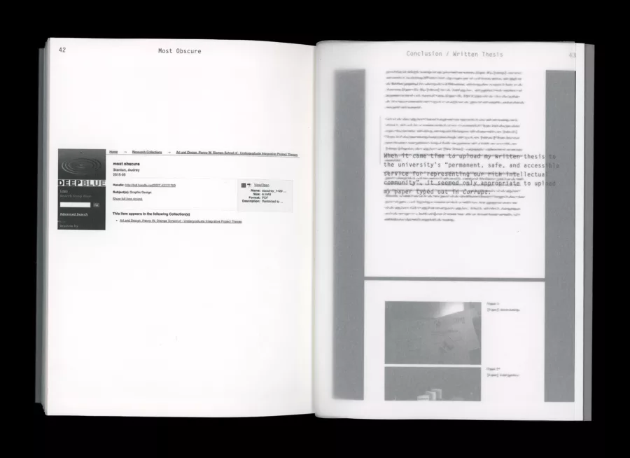 Spread of 'Most Obscure' book showing final thesis paper typed on 'Corrupt' typeface.