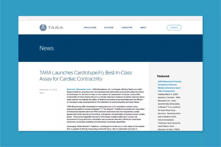 News article on TARA webpage "TARA Launches Cardiotype.Fo, Best-In-Class Assay for Cardiac Contractility".
