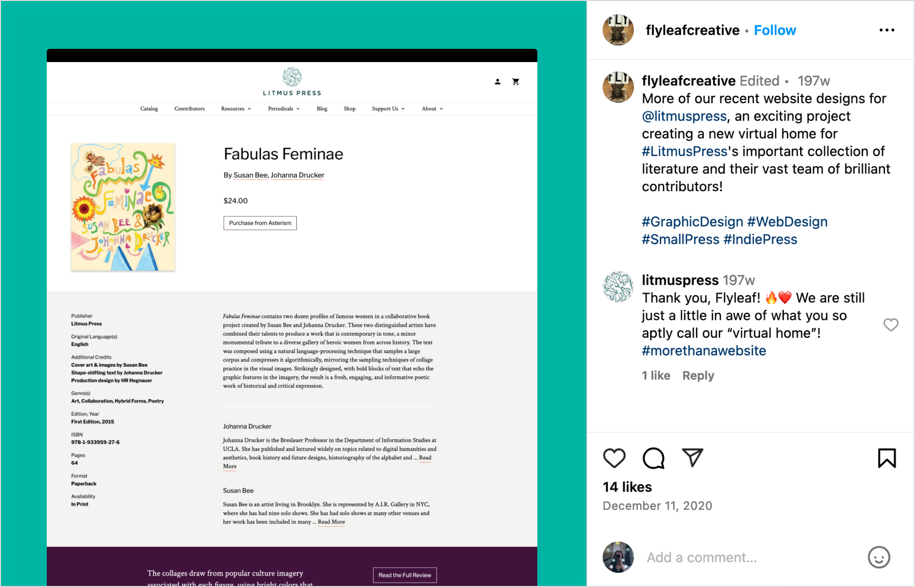 A screenshot of an instagram post shows a page from the Litmus Press website with the caption "More of our recent website designs for @litmuspress, an exciting project creating a new virtual home for #LitmusPress's important collection of literature and their vast team of brilliant contributors!"