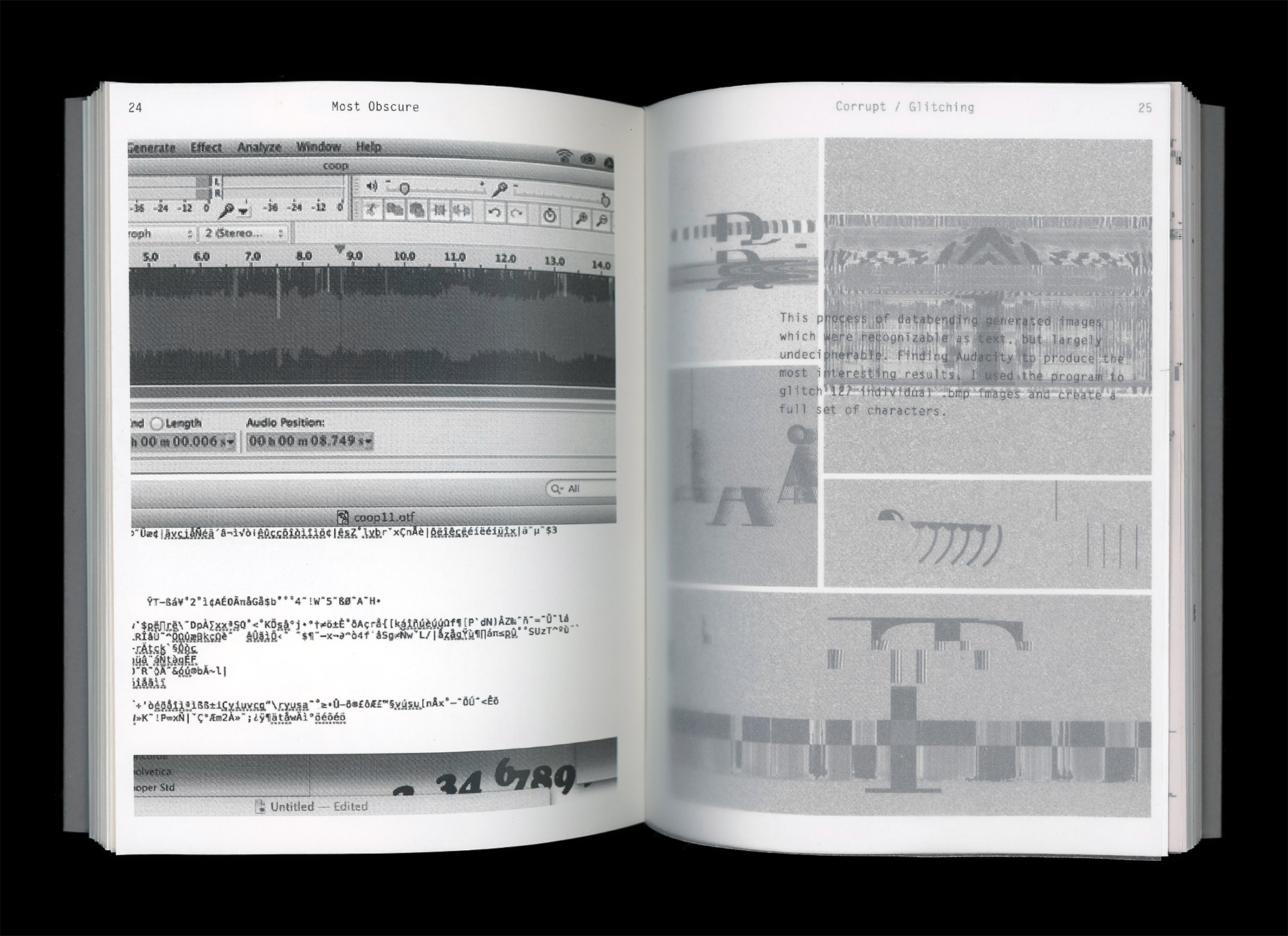 Spread of 'Most Obscure' book showing Audacity waveforms from the process of databending typefaces.