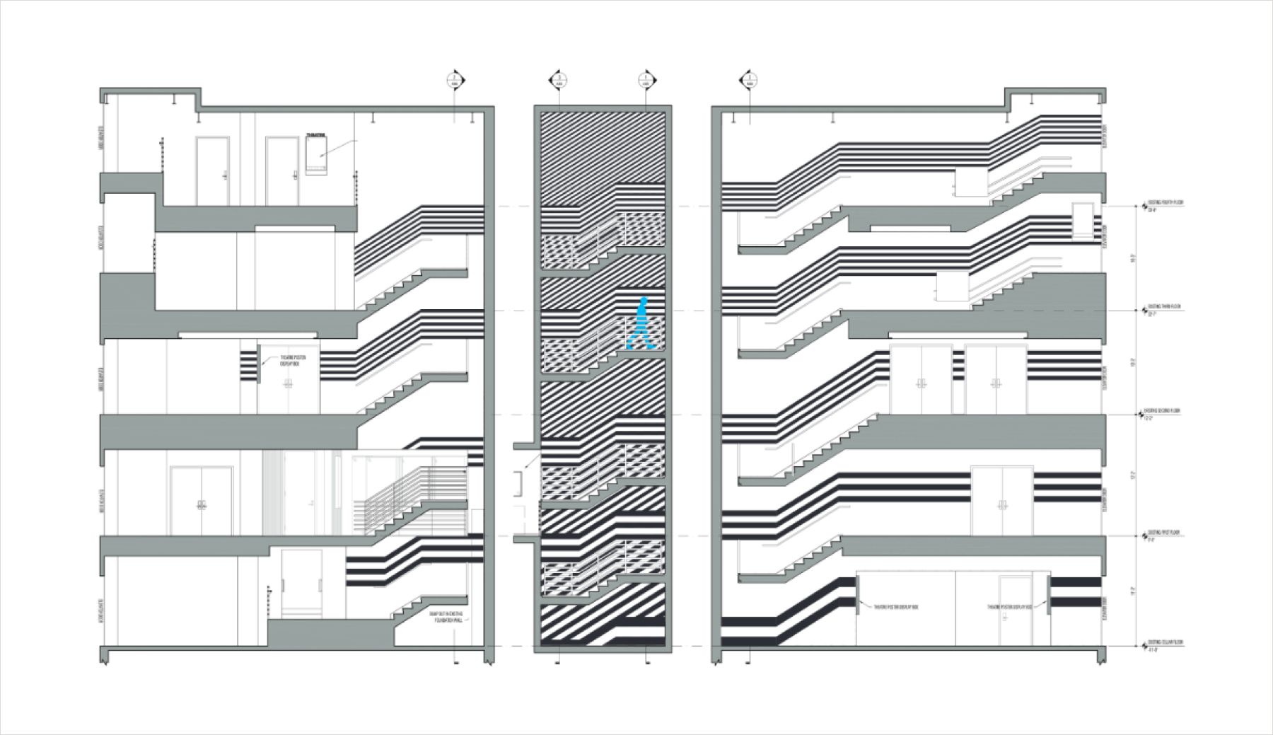 A five-story mural design is shown on an architect's diagram of the space