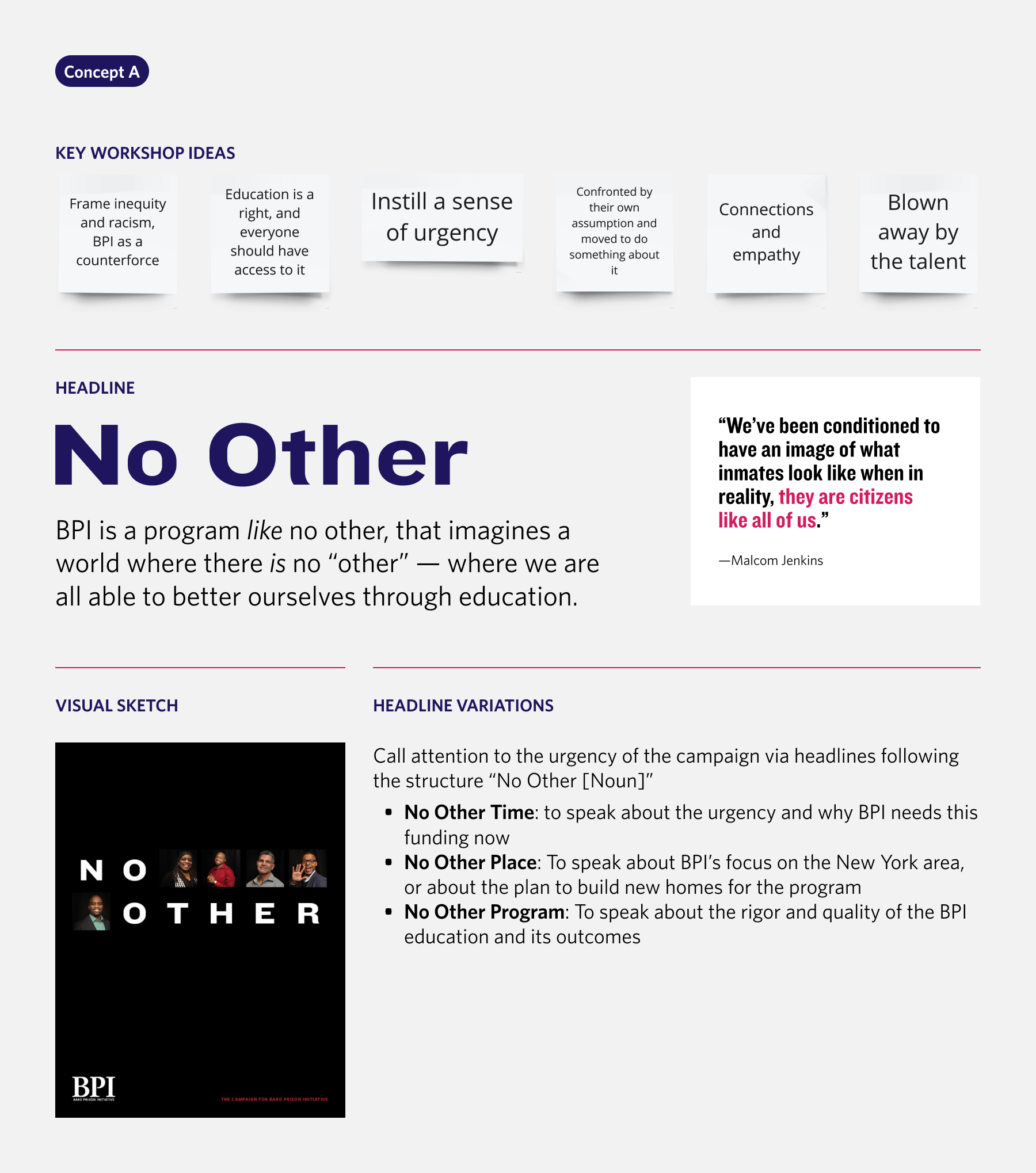 Overview of a titling concept for BPI campaigns, called "No Other."