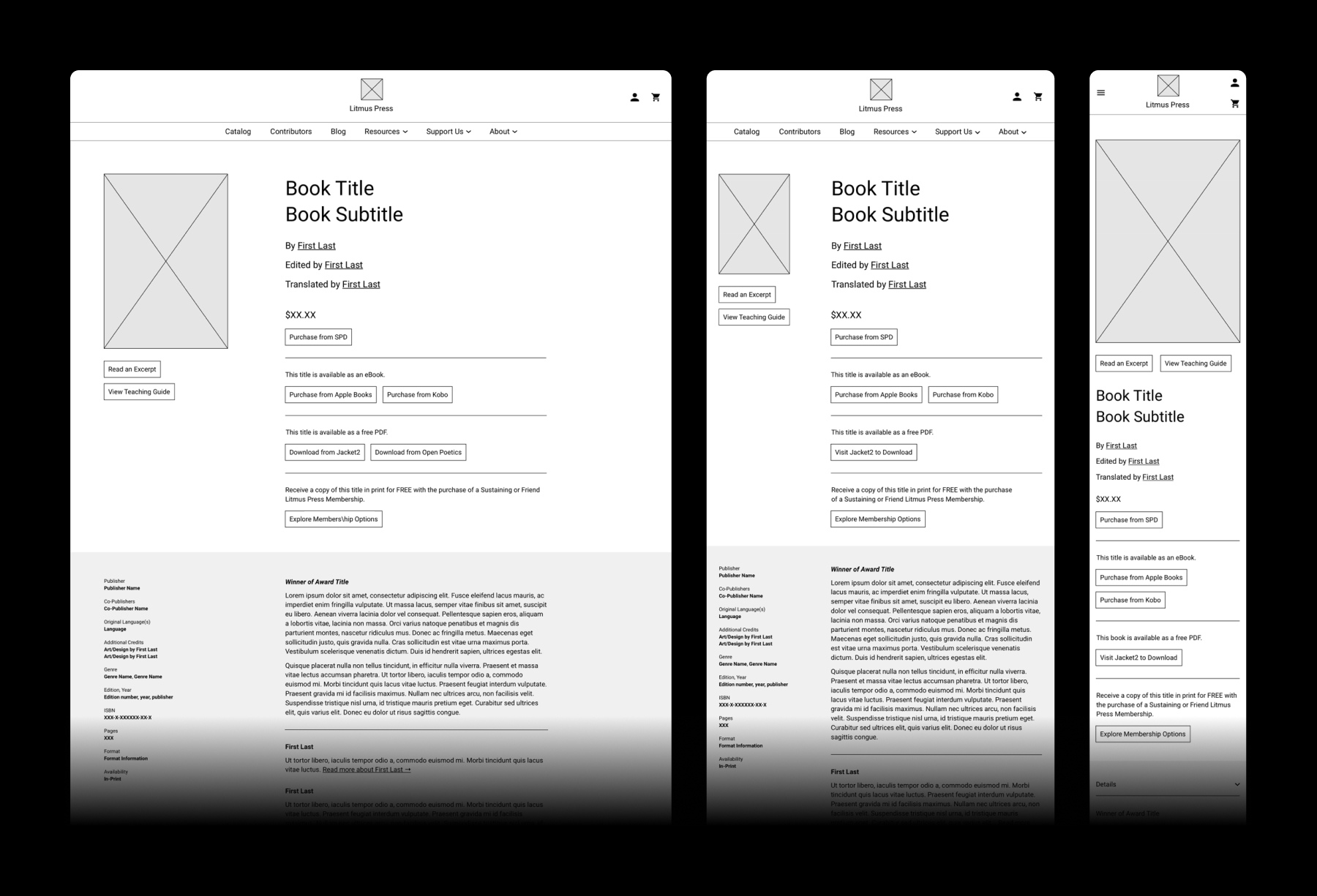 Wireframes for the Litmus Press book page in desktop, tablet, and mobile views.