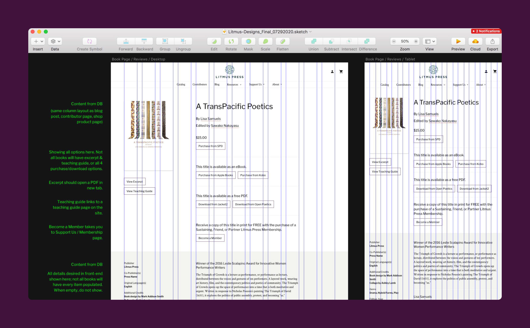 Annotated designs for handoff to the developers.