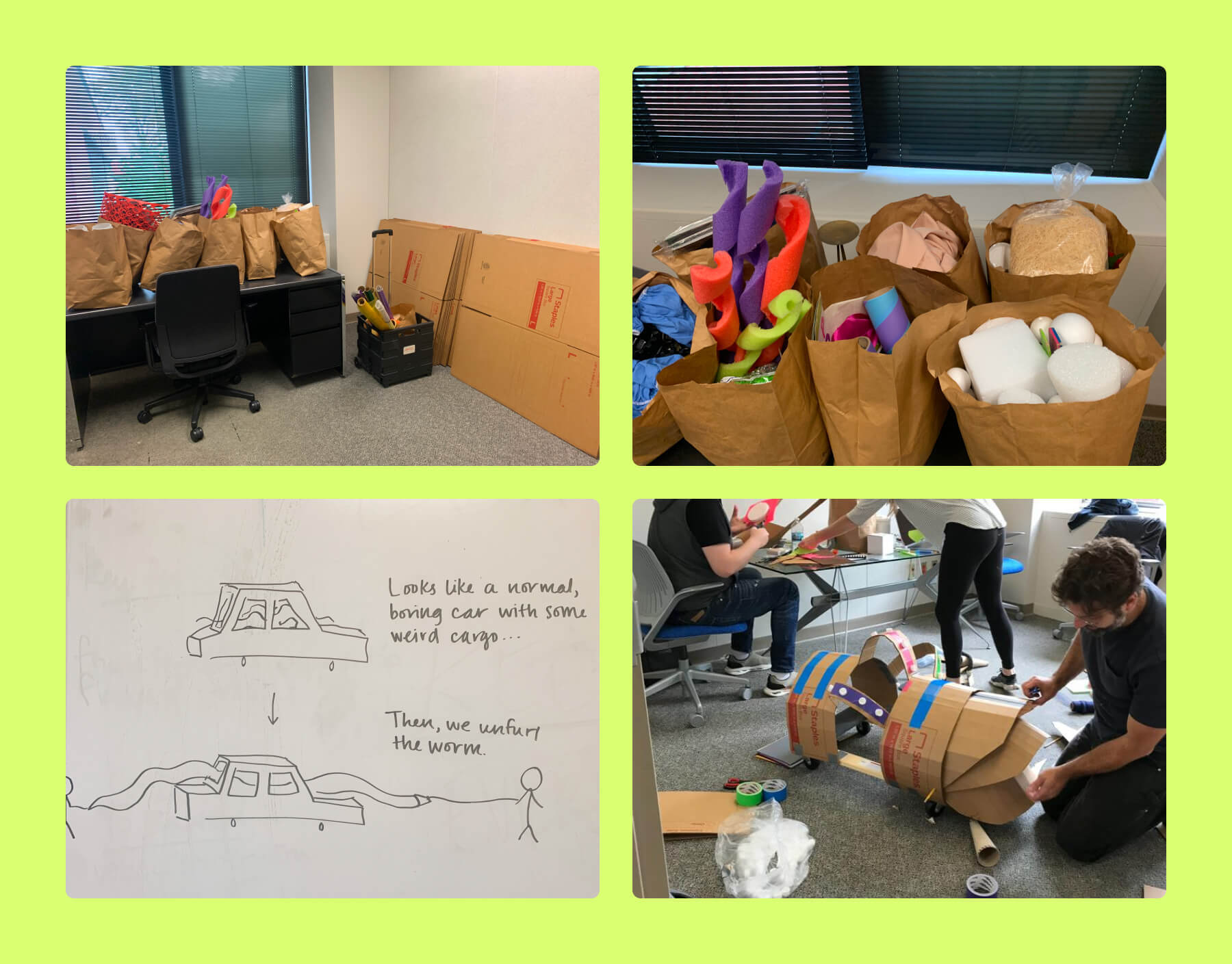 Collage of images showing process of building vehicles: a pile of materials, a sketch, and three people assembling something with cardboard and tape.