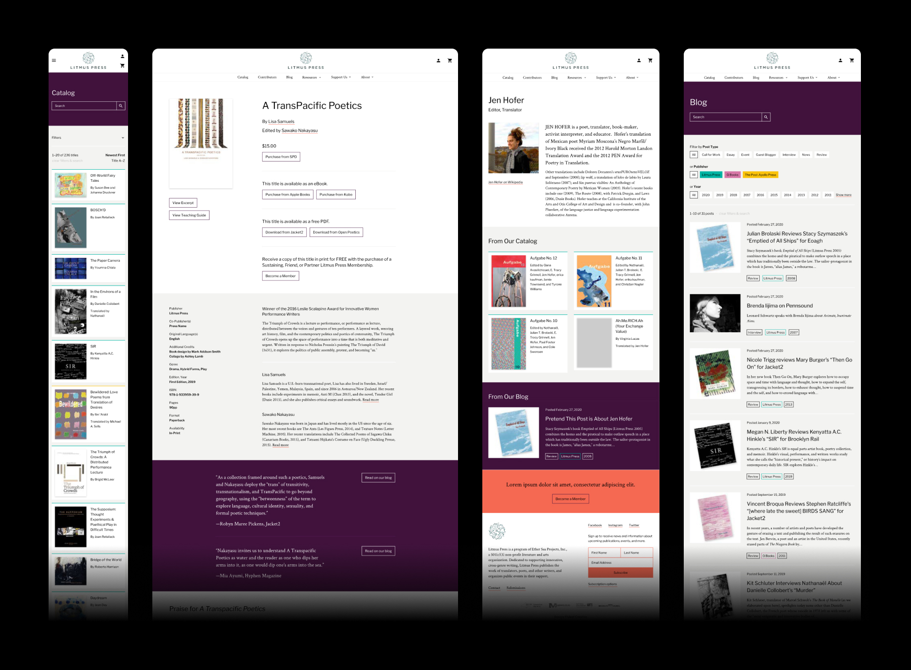 Final designed pages in mobile, tablet, and desktop views for various pages on the Litmus Press website.