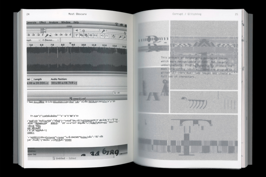 Spread of 'Most Obscure' book showing Audacity waveforms from the process of databending typefaces.